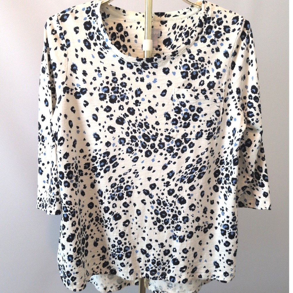 Chico's Leopard Print Top Women Size 1 Medium Blue Cream 3/4 Sleeve Cotton Modal